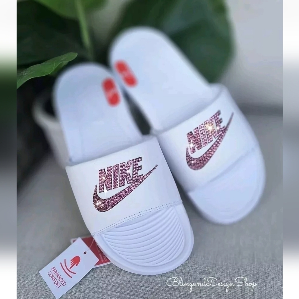 Nike Victori One Sandals Custom with Swarovski Crystal Rhinestones Bling Slides
